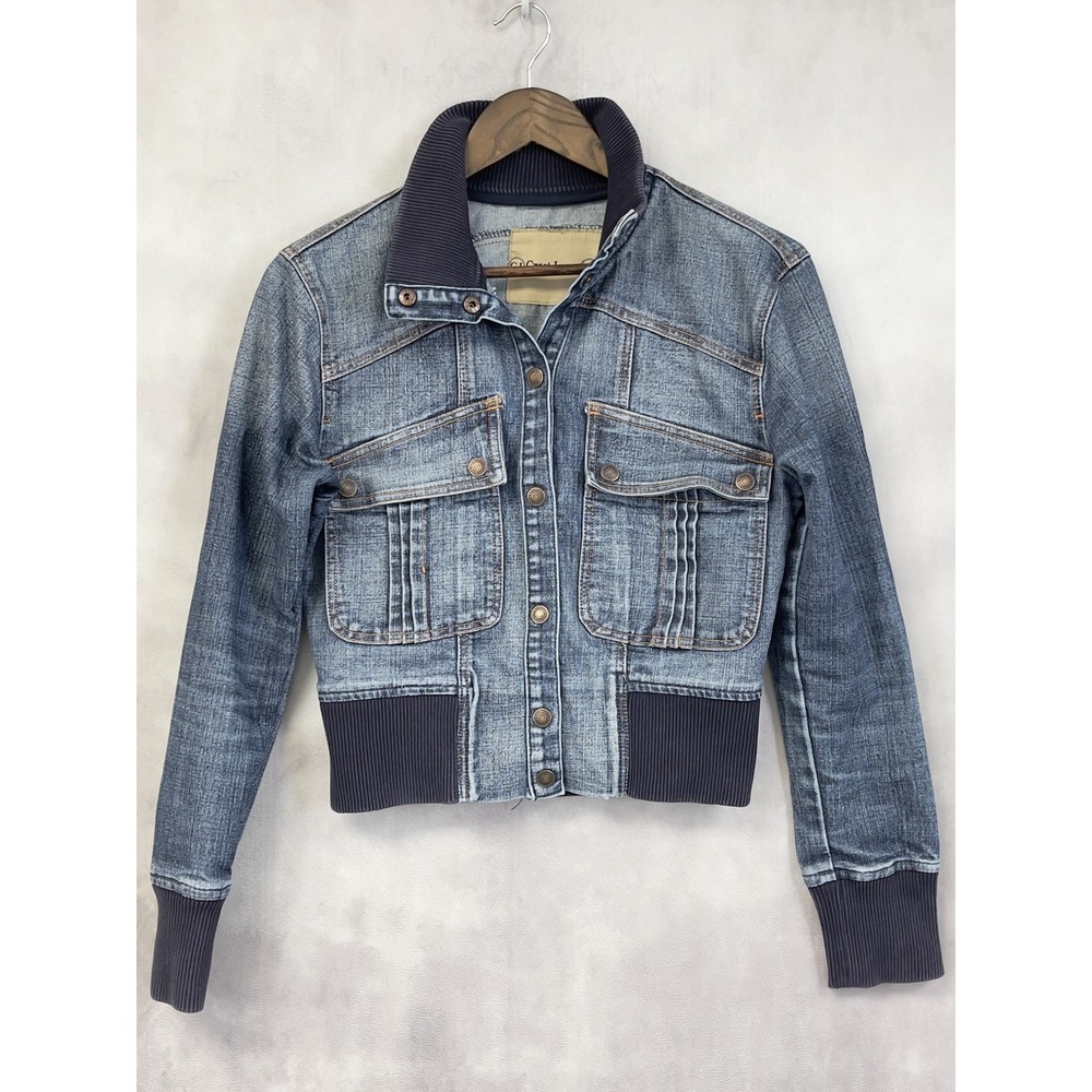 Y2K Crest Jeans Denim Bomber Jacket Women Small McBling Indie Sleaze Grunge Moto
